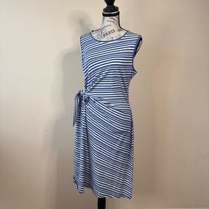 Talbots Blue and White  striped Eyelet Fit and Flare Dress -100% cottom Size L